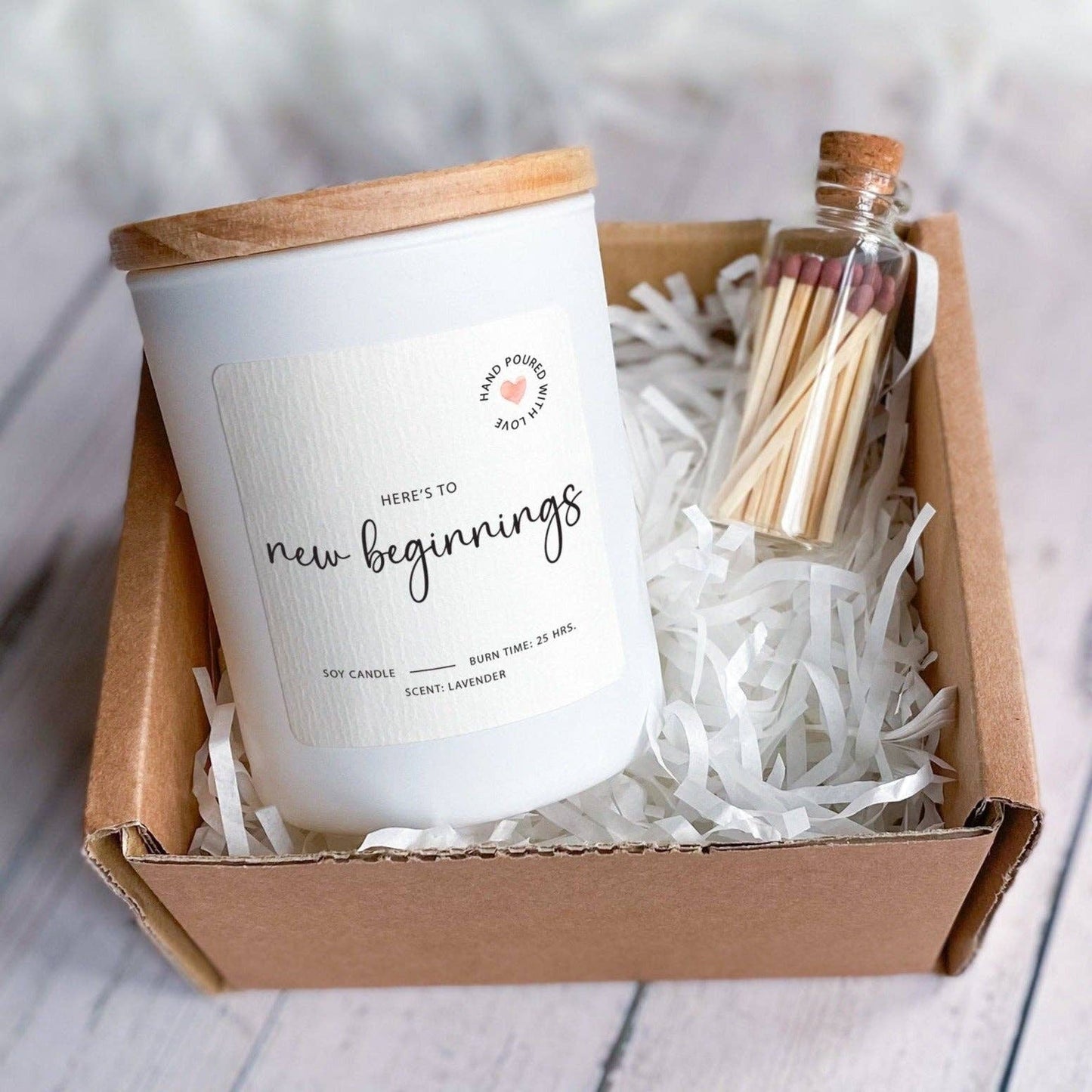 Here's to New Beginnings Scented Candle Gift Set for new job: White with wooden lid / Pomegranate