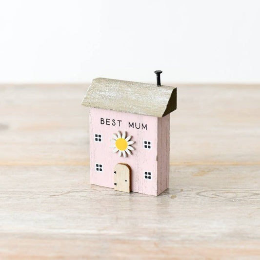 Pink 'Best Mum' Wooden House Block, 8.5cm