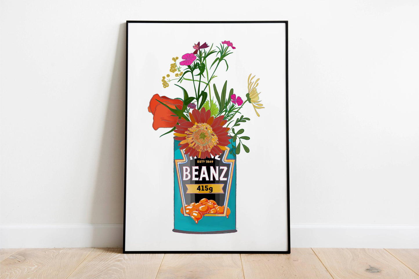 Baked Beans and Cottage Garden Flowers Art Print: White / A4