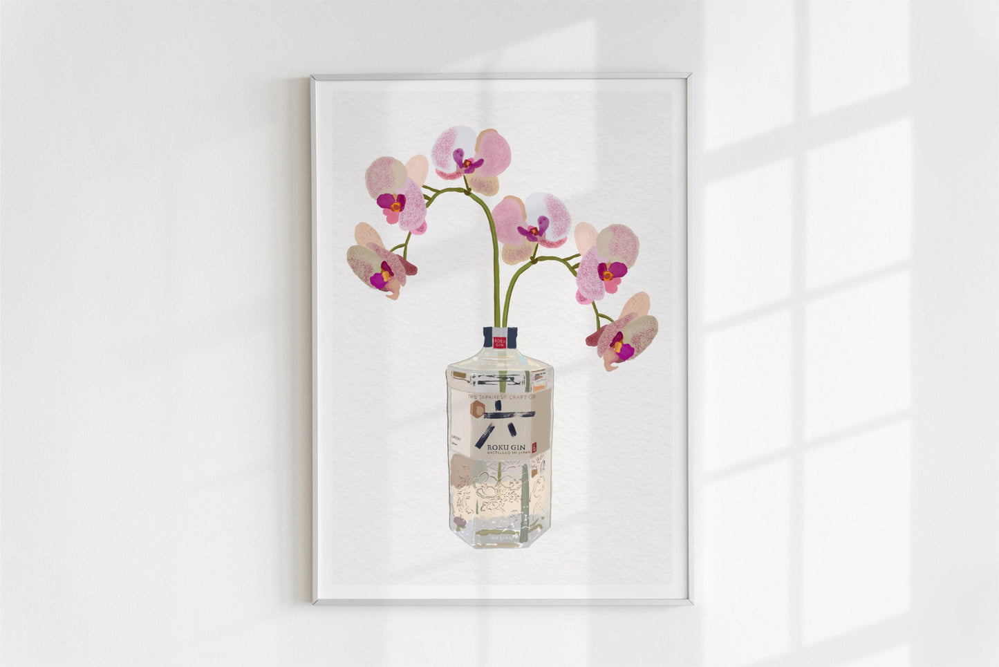 Roku Gin and pretty Orchids - kitchen/bar art prints: A4