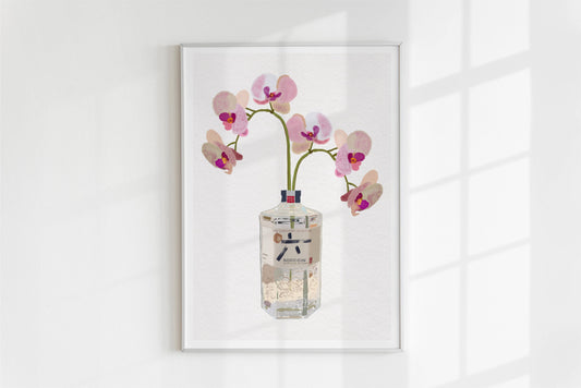 Roku Gin and pretty Orchids - kitchen/bar art prints: A4