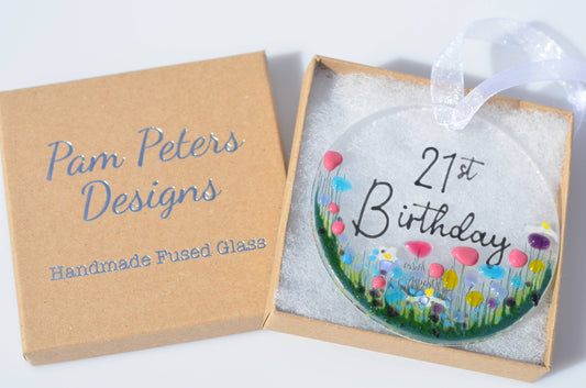 Milestone Birthday Handmade Fused Glass Hanging Decoration '21st Birthday'