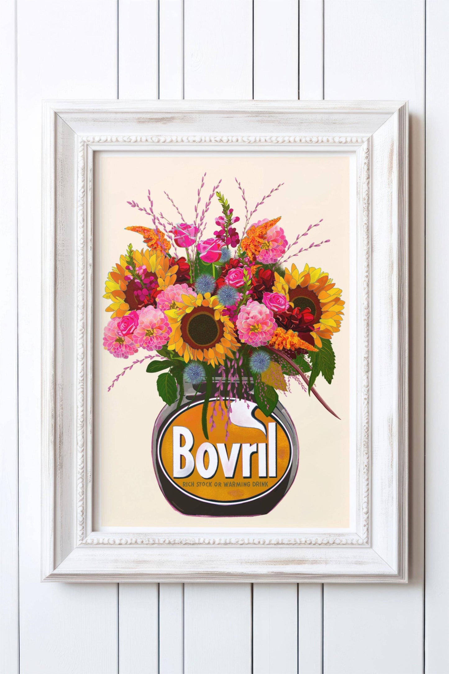 Colourful bovril With Sunflowers Dahlias & Roses Art Print/Poster: Light Cinnamon / A4