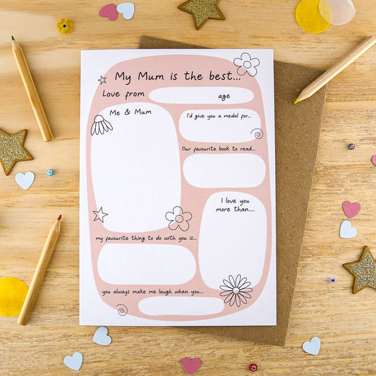 Fill-in Mum Keepsake Card | Just Add Colour Birthday Card for Kids