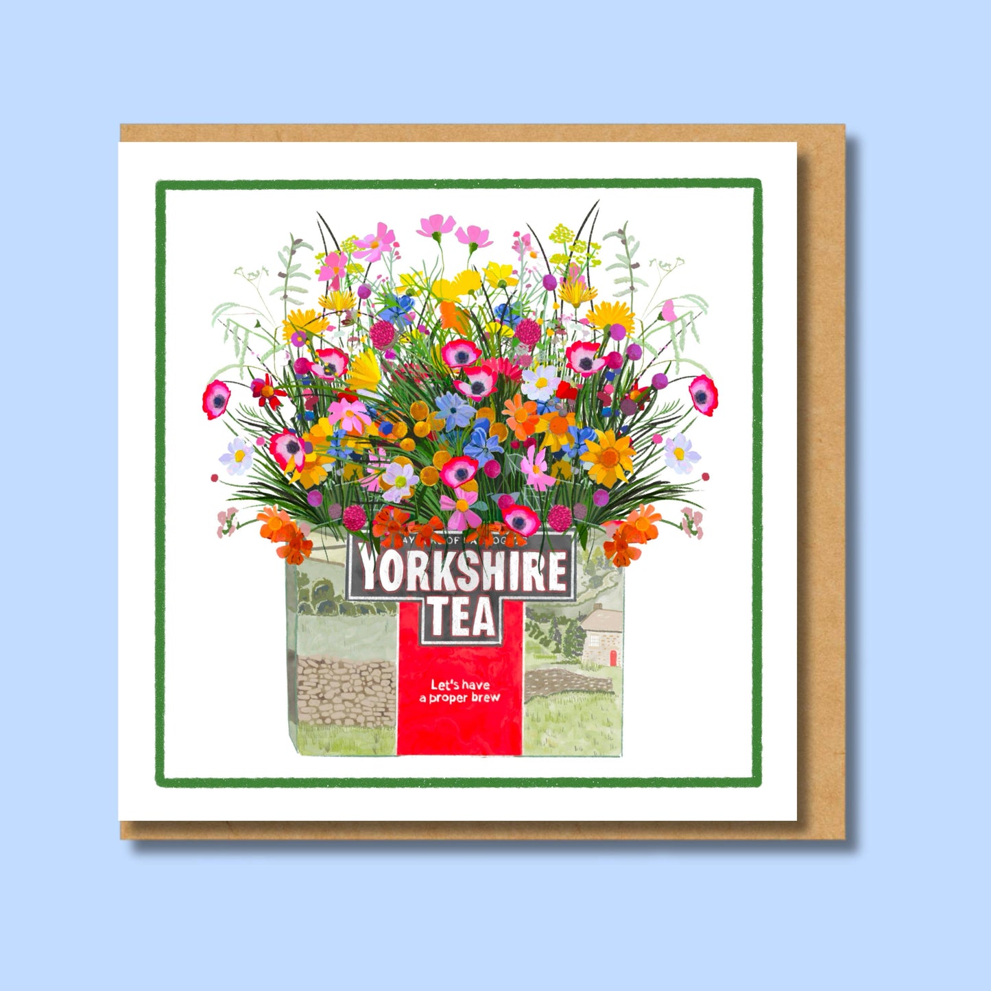Yorkshire Tea and Colourful Wildflowers Greetings Card| Square, matte, blank inside | birthdays, thank you or Valentines