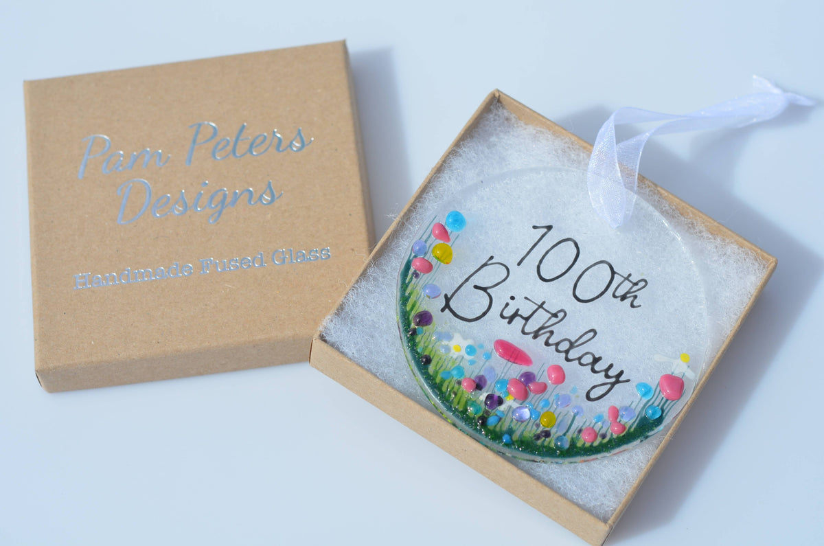 Handmade Fused Glass Hanging Dec - '100th Birthday'