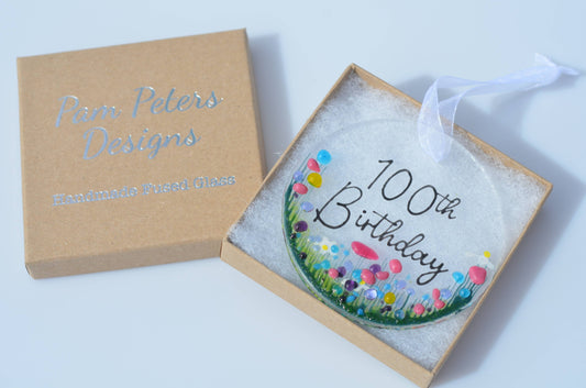 Handmade Fused Glass Hanging Dec - '100th Birthday'