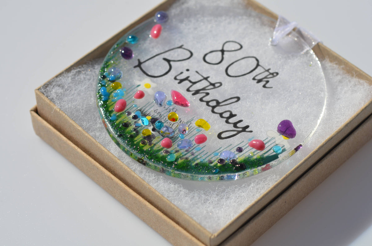 Handmade Fused Glass Hanging Dec - '80th Birthday'