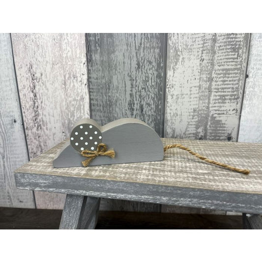 MOUSE BLOCK LARGE GREY WOOD WITH POLKA EAR & STRING