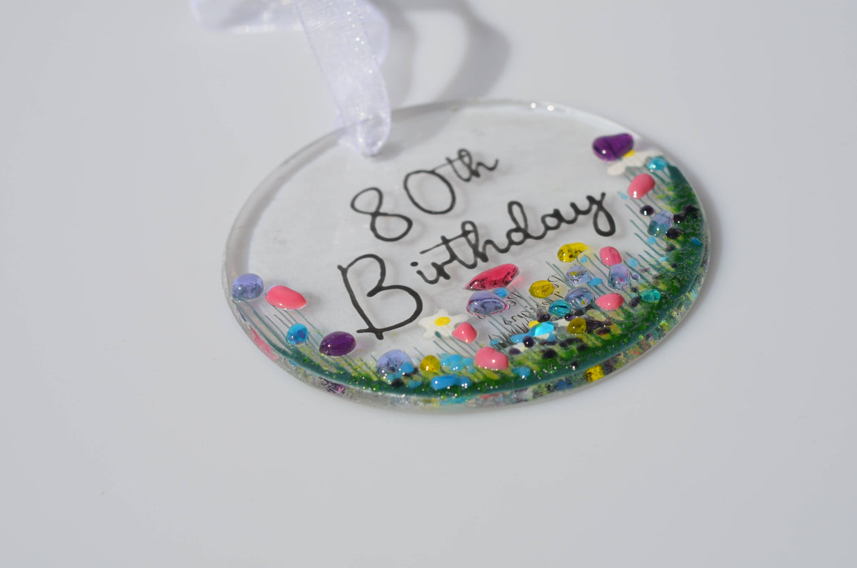 Handmade Fused Glass Hanging Dec - '80th Birthday'