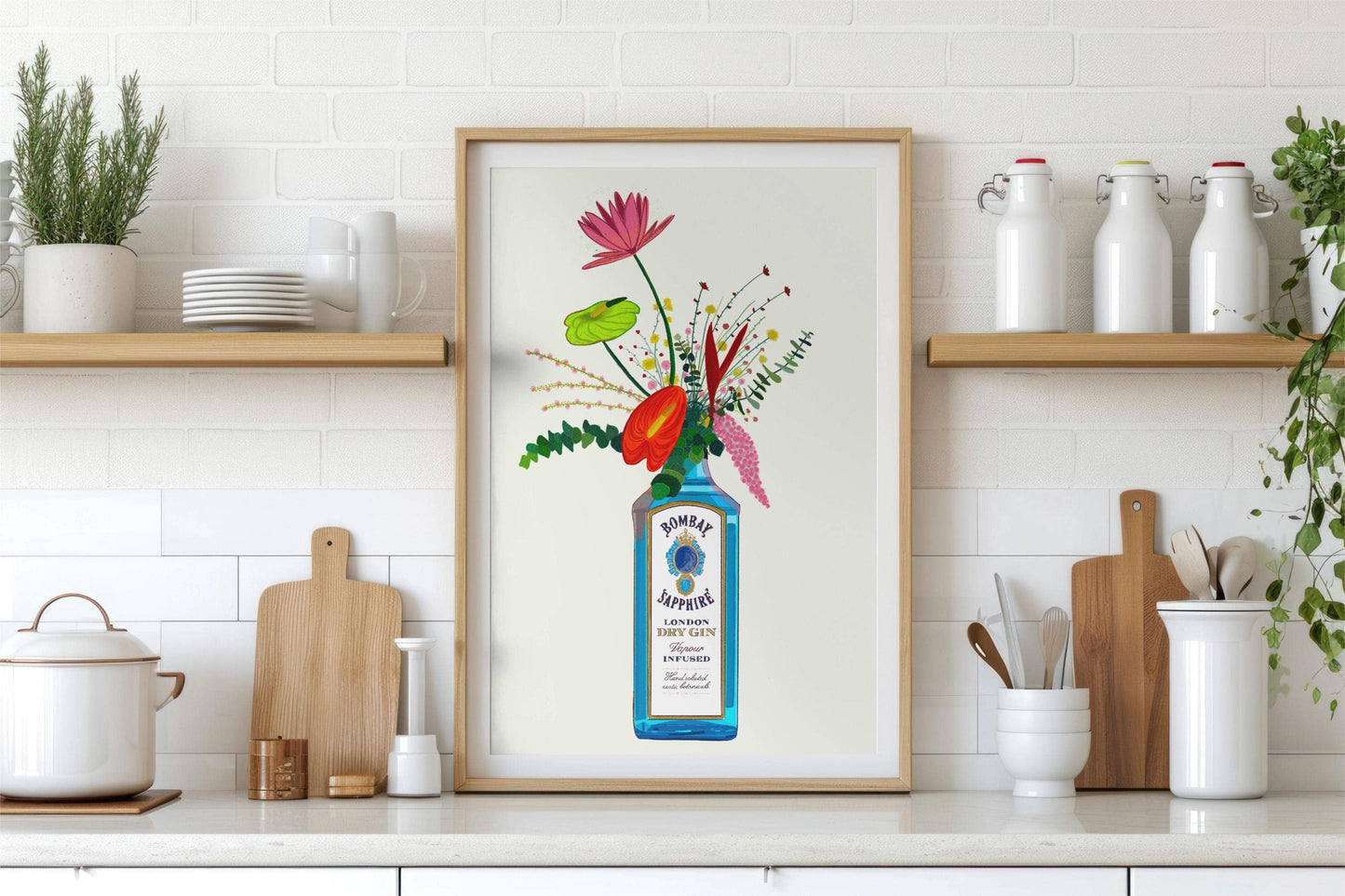 Bombay Gin and tropical flowers unframed art print: A4