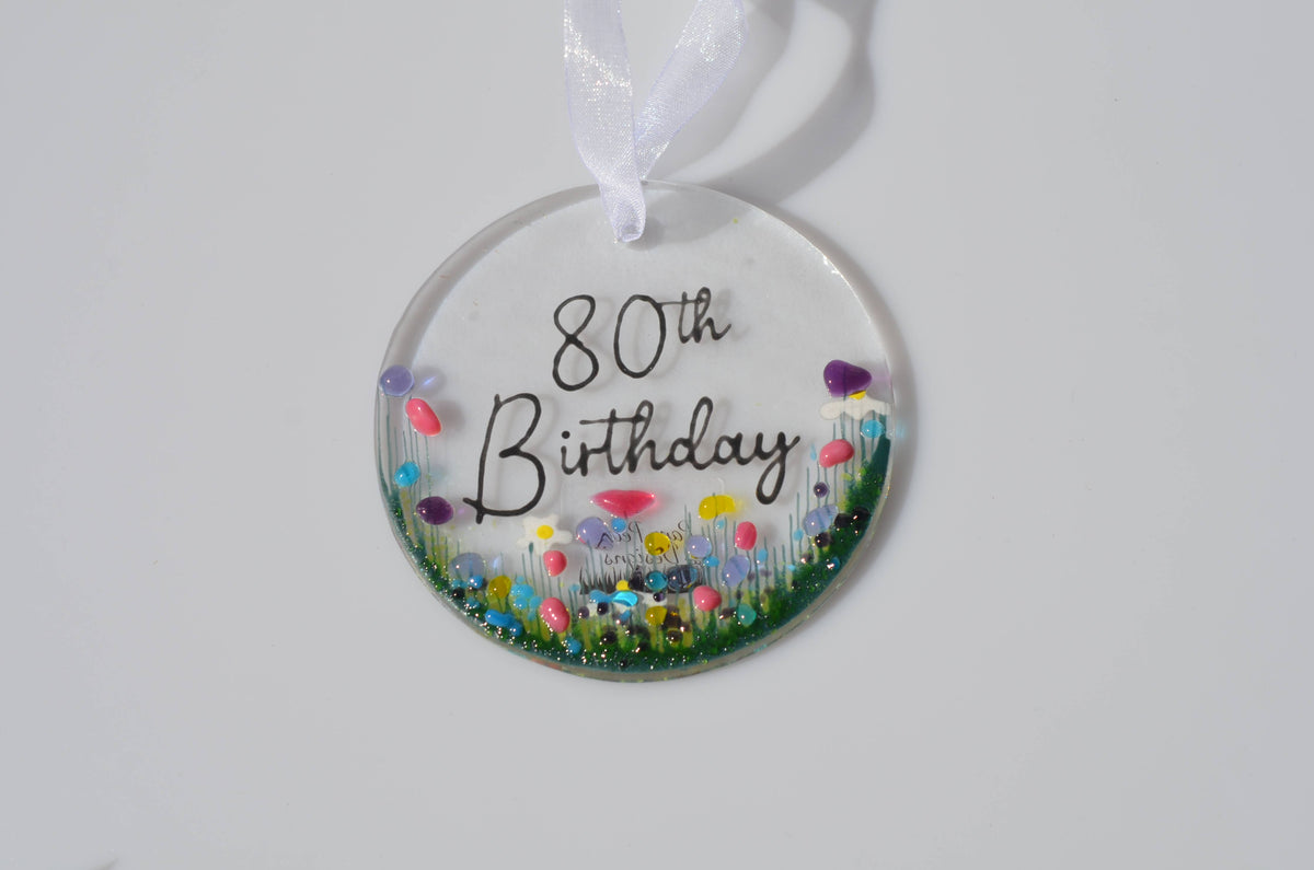 Handmade Fused Glass Hanging Dec - '80th Birthday'
