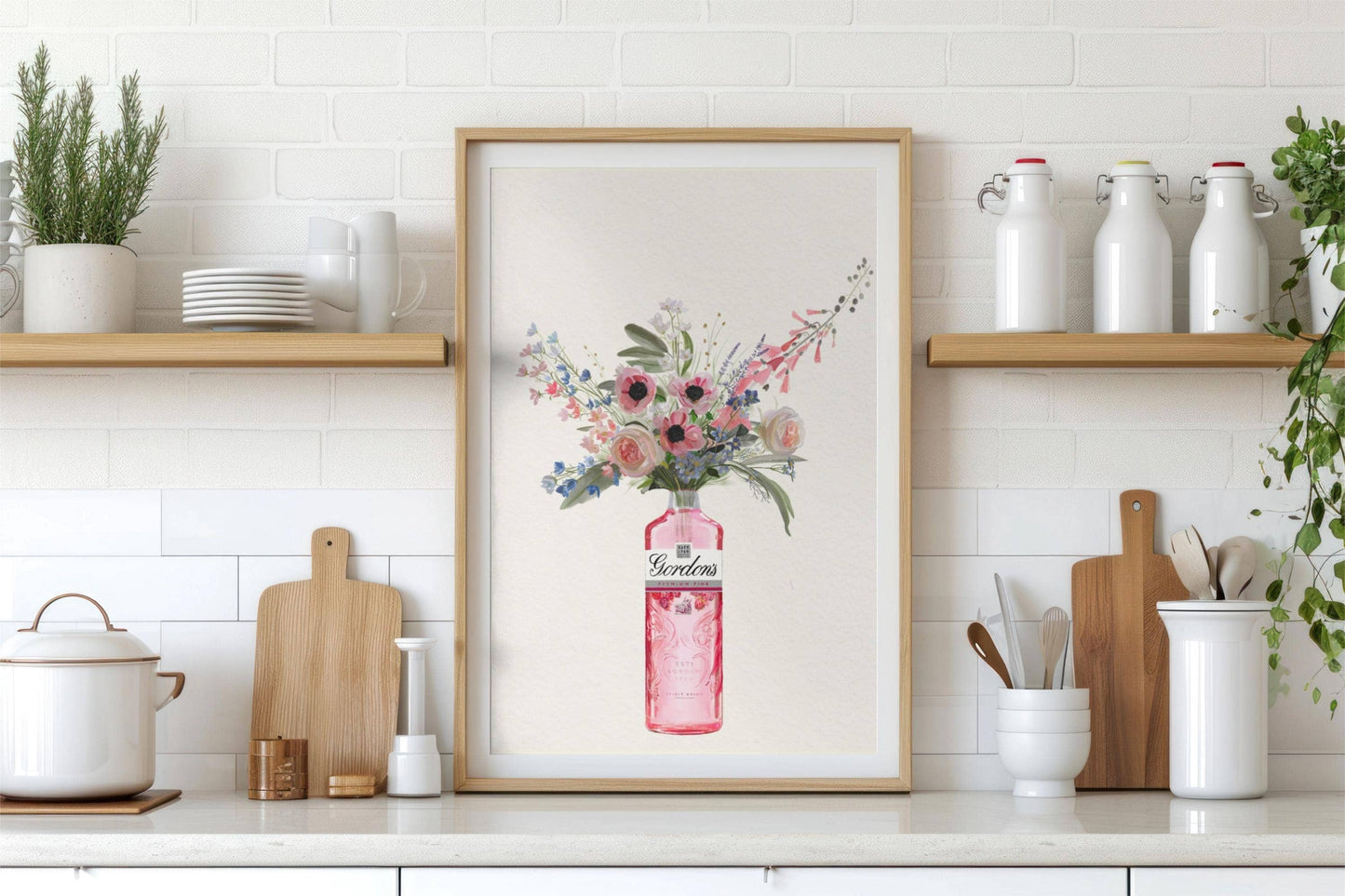 Pink Gin Bottle and Cottage Garden Flowers, Unframed Kitchen Art Print/Poster: A4