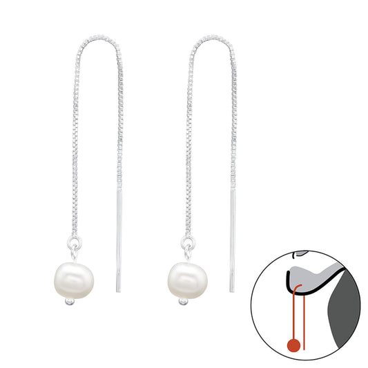 Thread Through - 925 Sterling Silver Pearl Earrings - Fresh Water Pearls