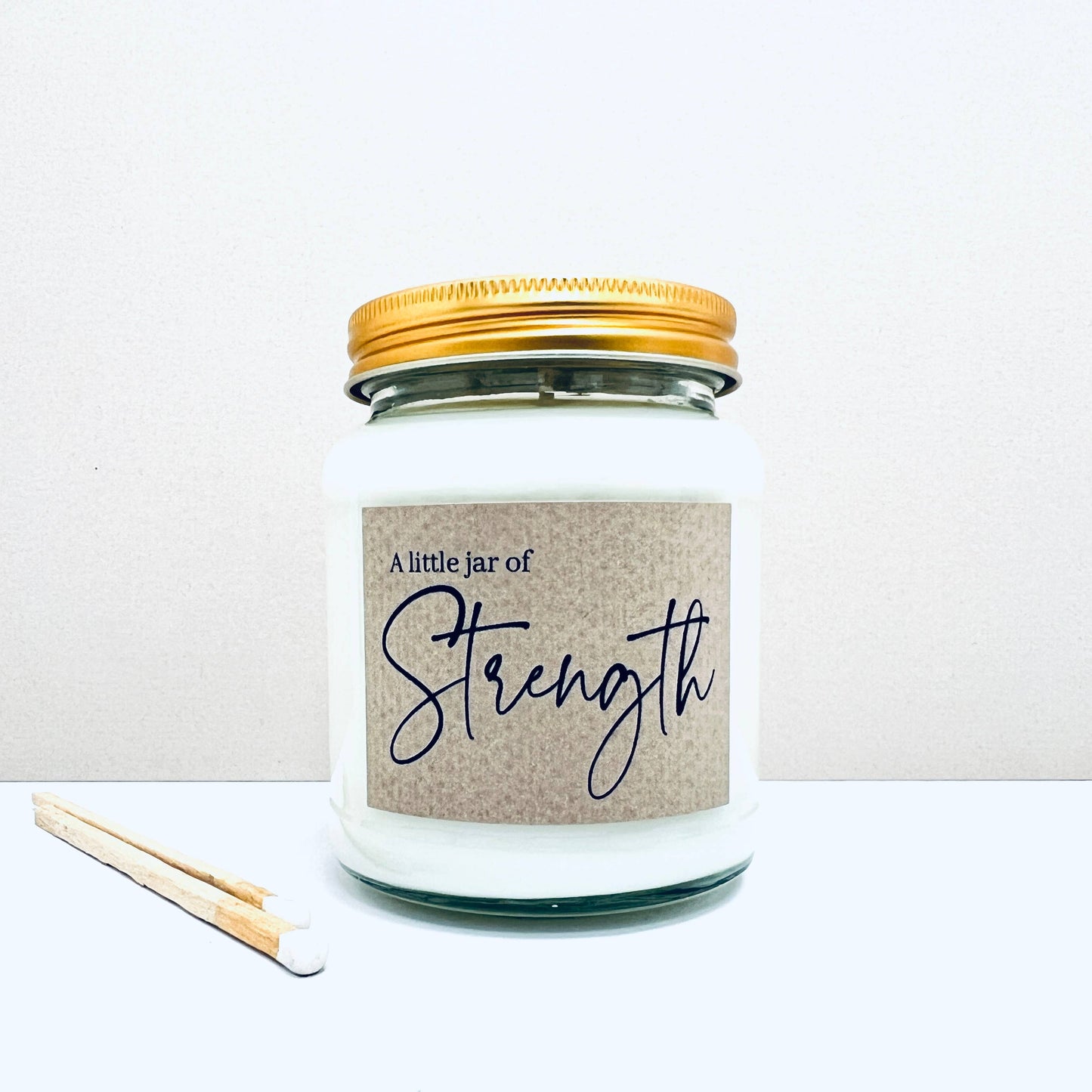 A little jar of strength handmade soy scented candle: Linen and Driftwood