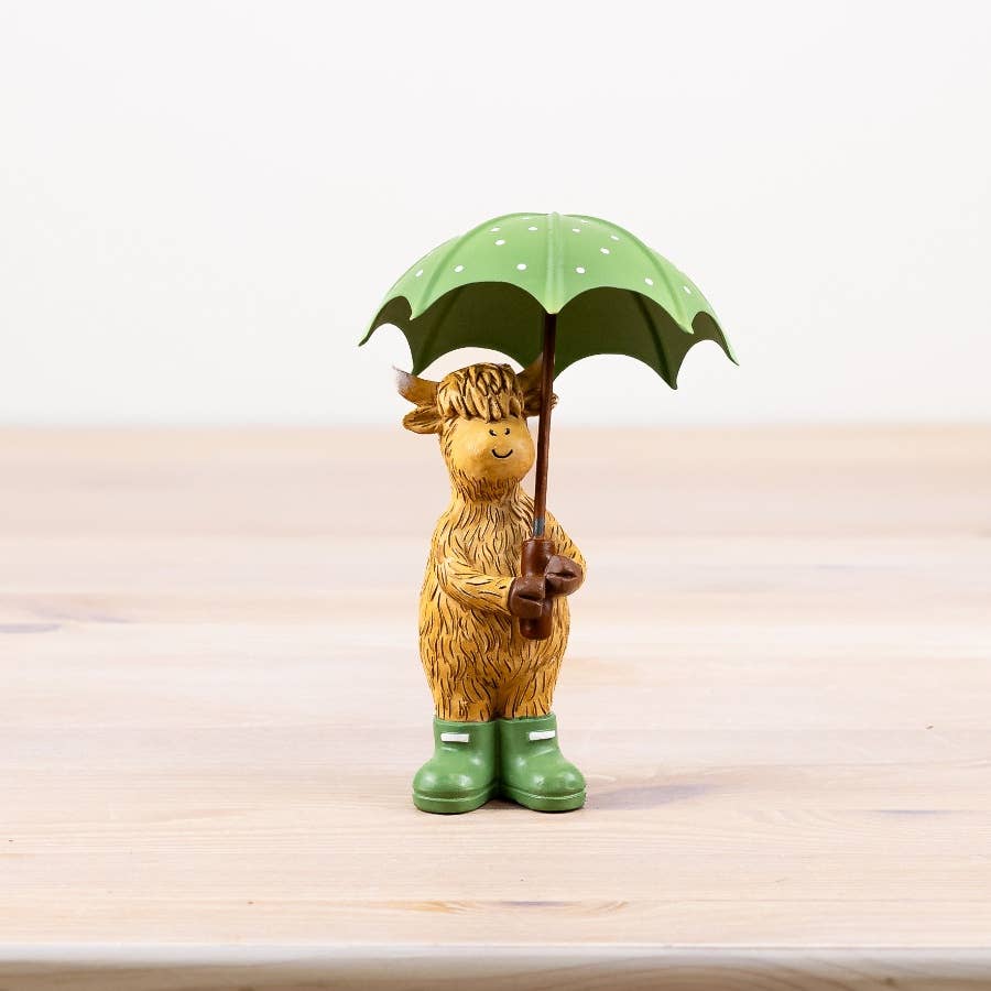 Highland Cow with Umbrella & Wellies, 16cm
