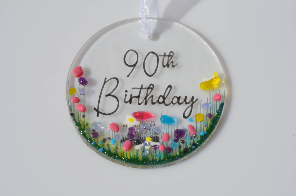 Handmade Fused Glass Hanging Dec - '90th Birthday'