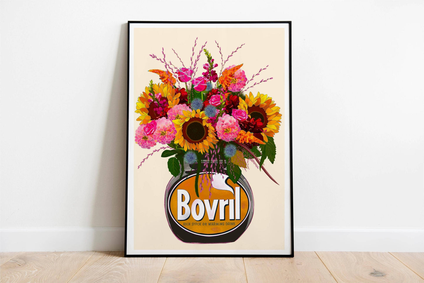 Colourful bovril With Sunflowers Dahlias & Roses Art Print/Poster: Light Cinnamon / A4