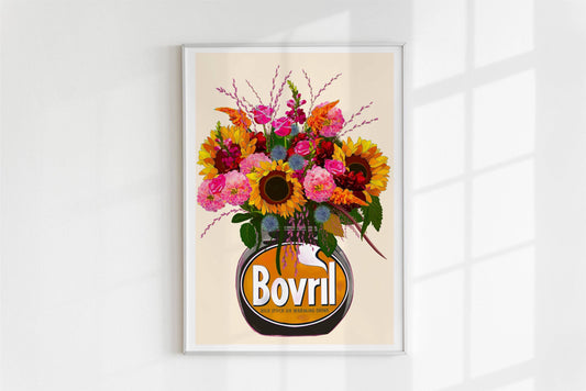 Colourful bovril With Sunflowers Dahlias & Roses Art Print/Poster: Light Cinnamon / A4