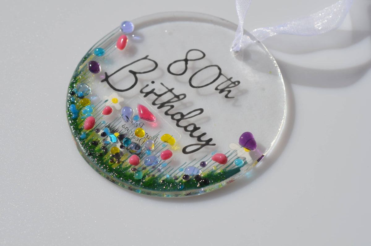Handmade Fused Glass Hanging Dec - '80th Birthday'