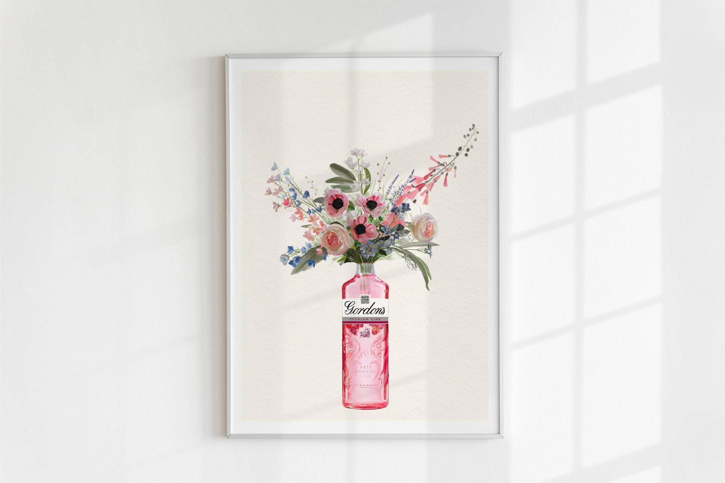 Pink Gin Bottle and Cottage Garden Flowers, Unframed Kitchen Art Print/Poster: A4