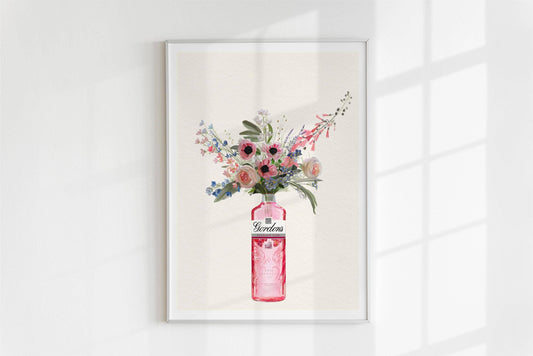 Pink Gin Bottle and Cottage Garden Flowers, Unframed Kitchen Art Print/Poster: A4