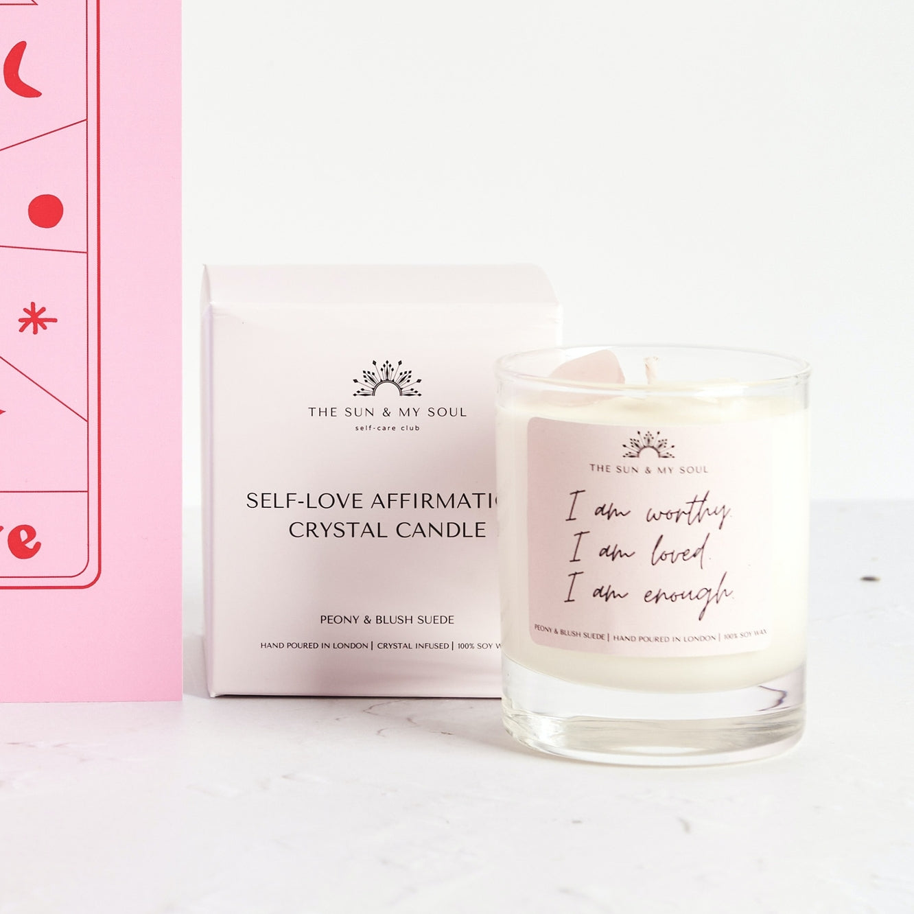 Self-Love Affirmation Crystal Candle Rose and Clear Quartz