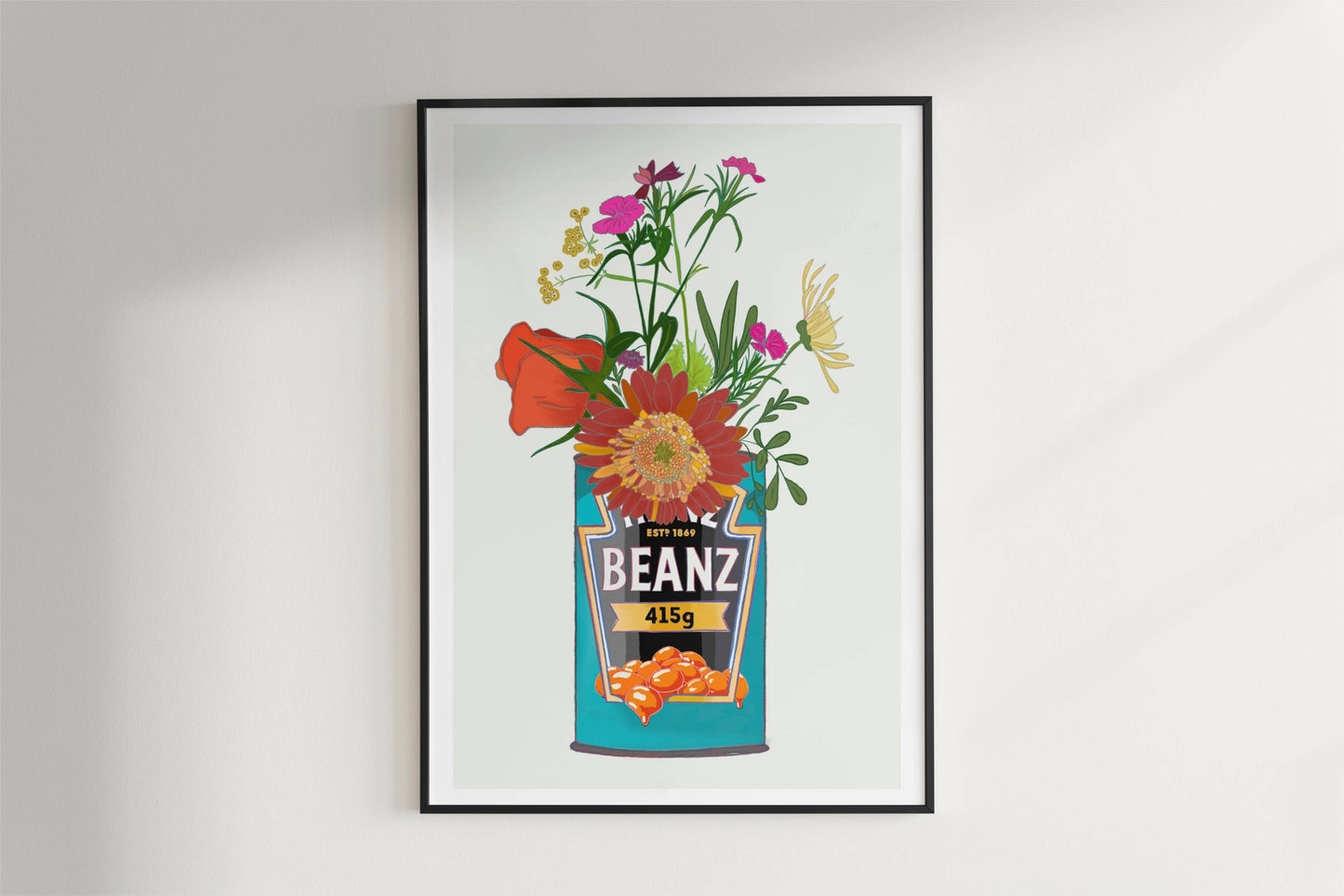 Baked Beans and Cottage Garden Flowers Art Print: White / A4