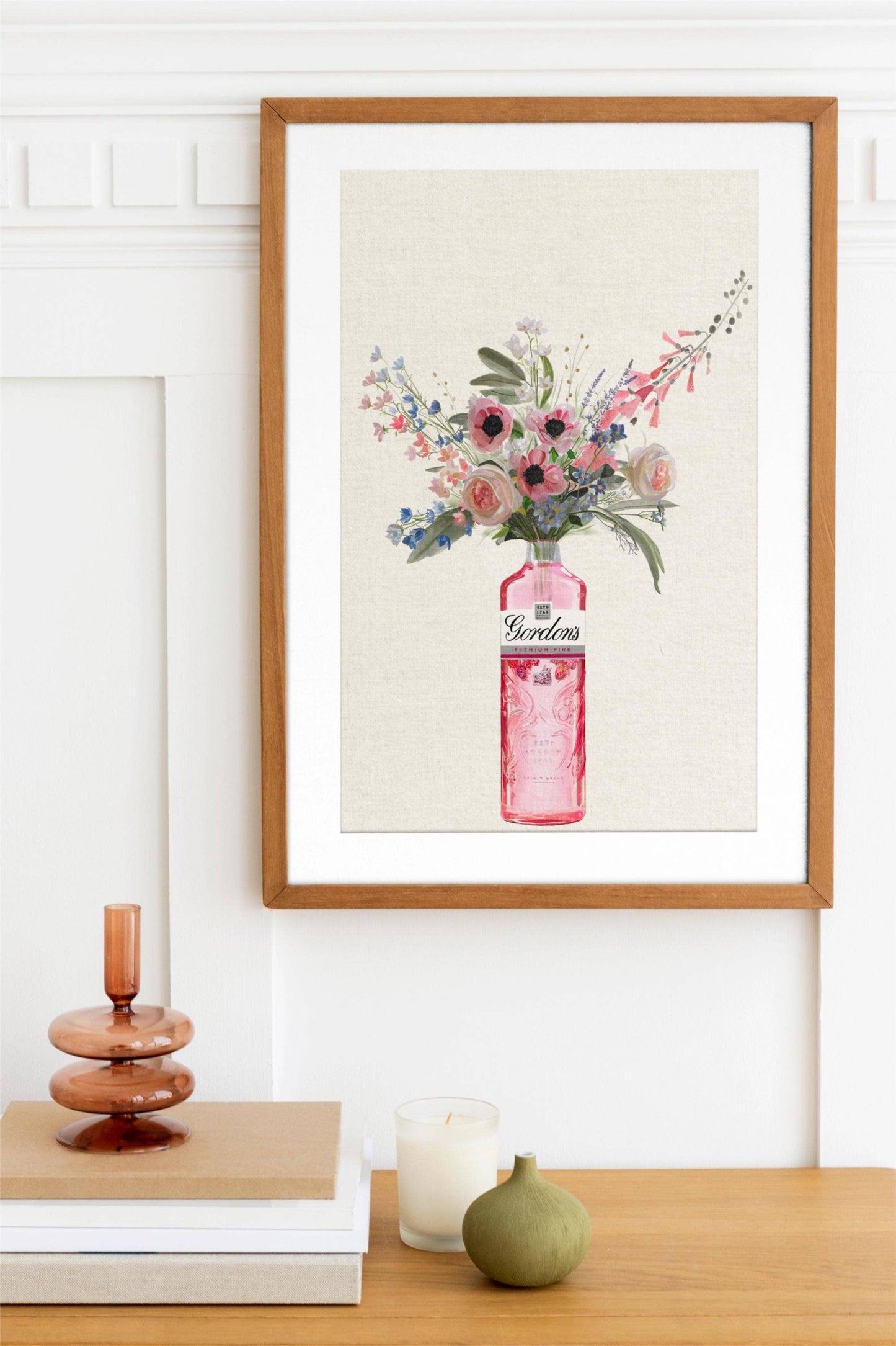 Pink Gin Bottle and Cottage Garden Flowers, Unframed Kitchen Art Print/Poster: A4