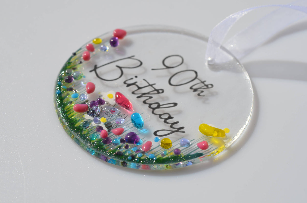 Handmade Fused Glass Hanging Dec - '90th Birthday'