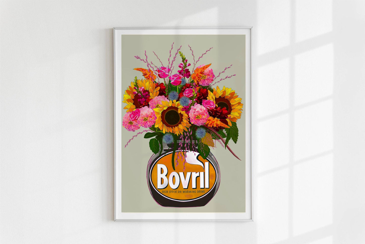 Colourful bovril With Sunflowers Dahlias & Roses Art Print/Poster: Light Cinnamon / A4