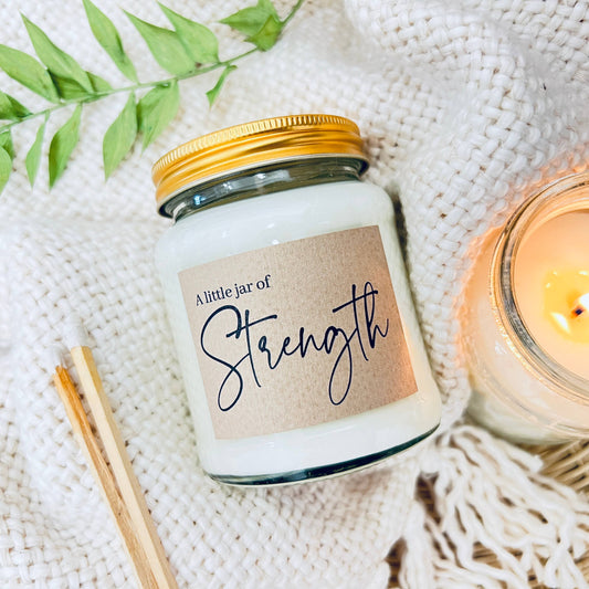 A little jar of strength handmade soy scented candle: Linen and Driftwood