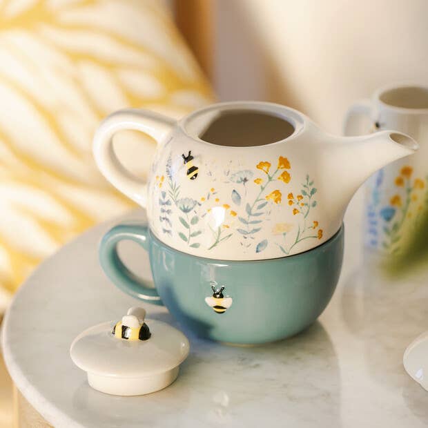 Floral Ceramic Teapot and Mug Set: Cornflower Blue