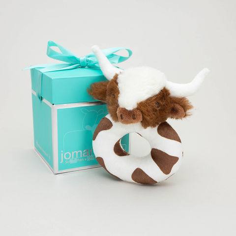 Texas Longhorn Brown Highland Cow Baby Rattle & Pop up box