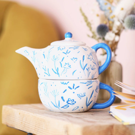 Blue Debossed Floral Teapot and Cup Set