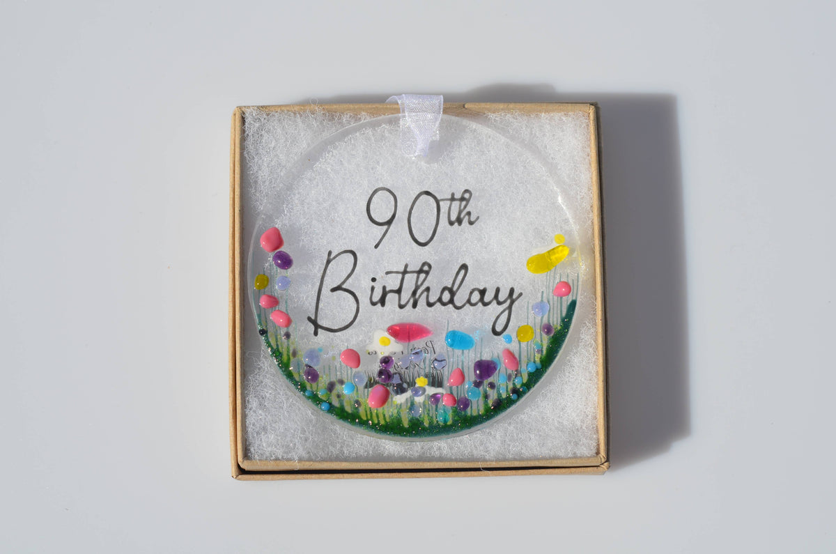Handmade Fused Glass Hanging Dec - '90th Birthday'