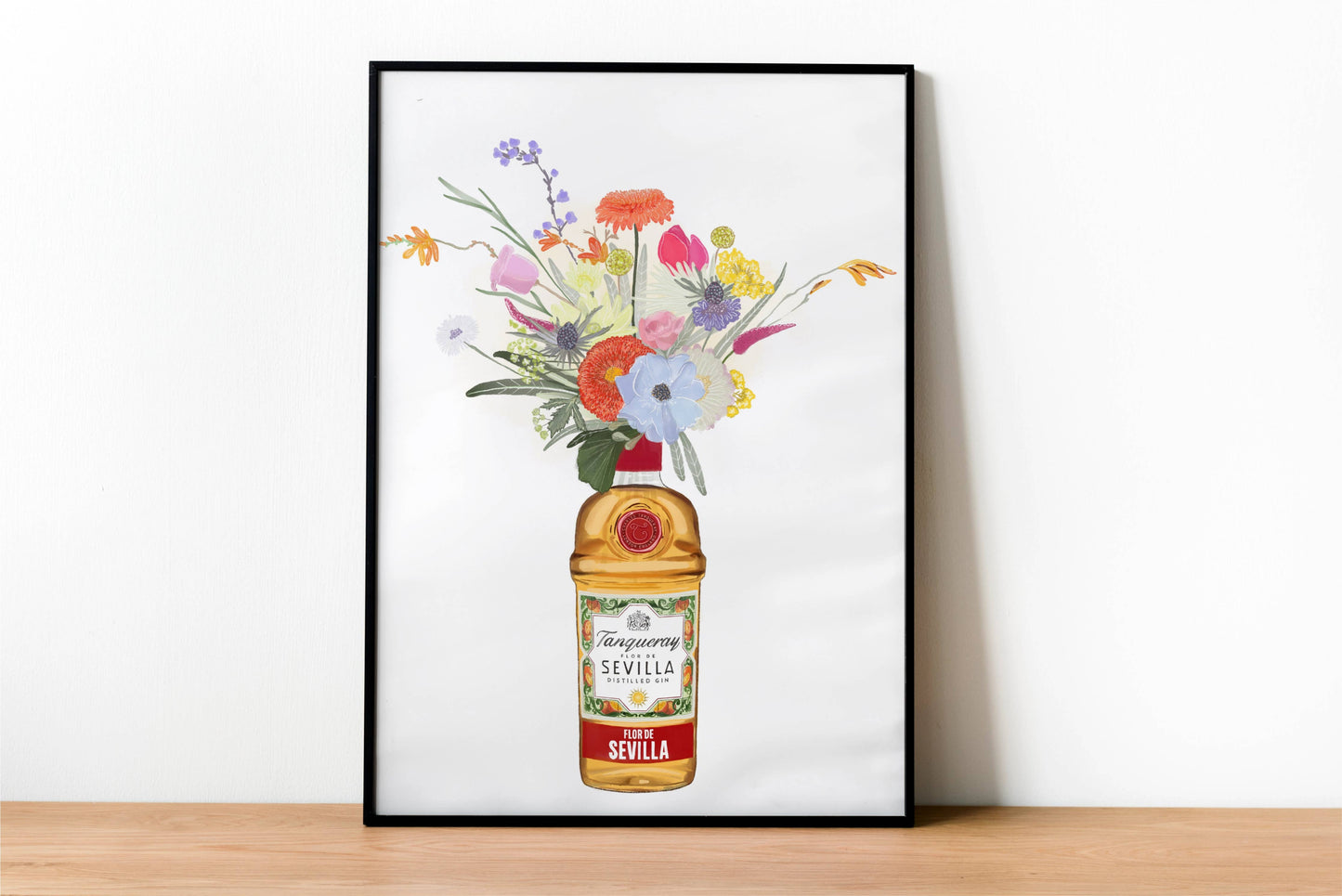 Tanqueray Gin and colourful flowers art print: A4