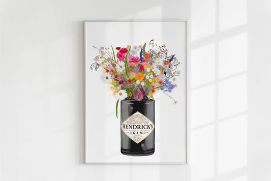 Hendricks Gin and colourful wildflowers Art print: A4