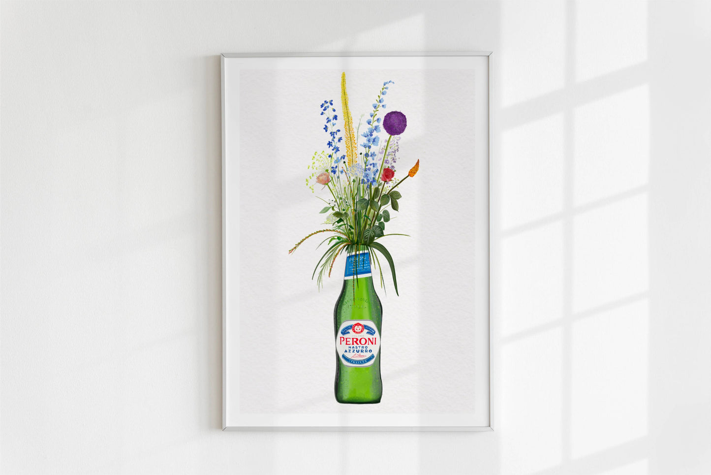 Bottle of Peroni and Cottage Garden Flowers kitchen or bar Art Print/Poster: A4