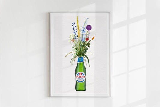 Bottle of Peroni and Cottage Garden Flowers kitchen or bar Art Print/Poster: A4