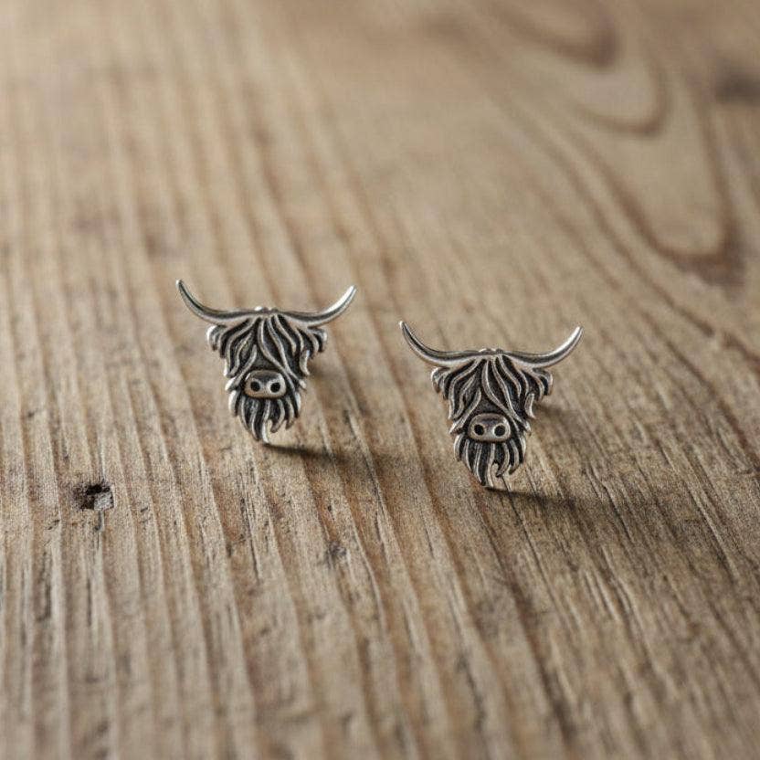 Sterling Silver Plated Studs Highland Cow Earrings Gift for Highland Cow Lovers: White