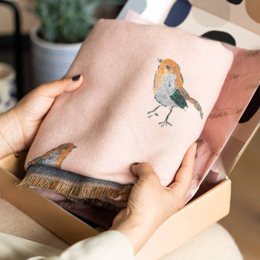 Cashmere Blend Robin Bird Scarf: Pink/Grey