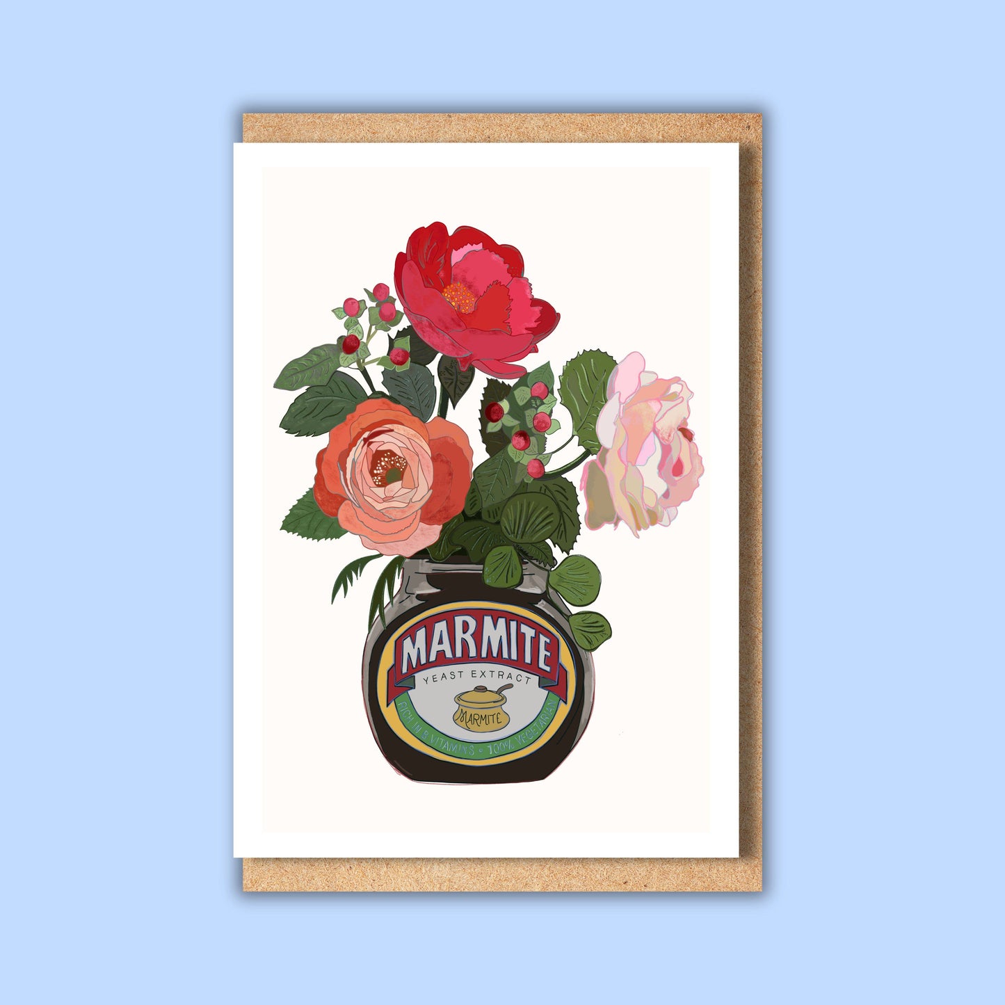 Marmite Jar with pink Roses A6 Matte Card