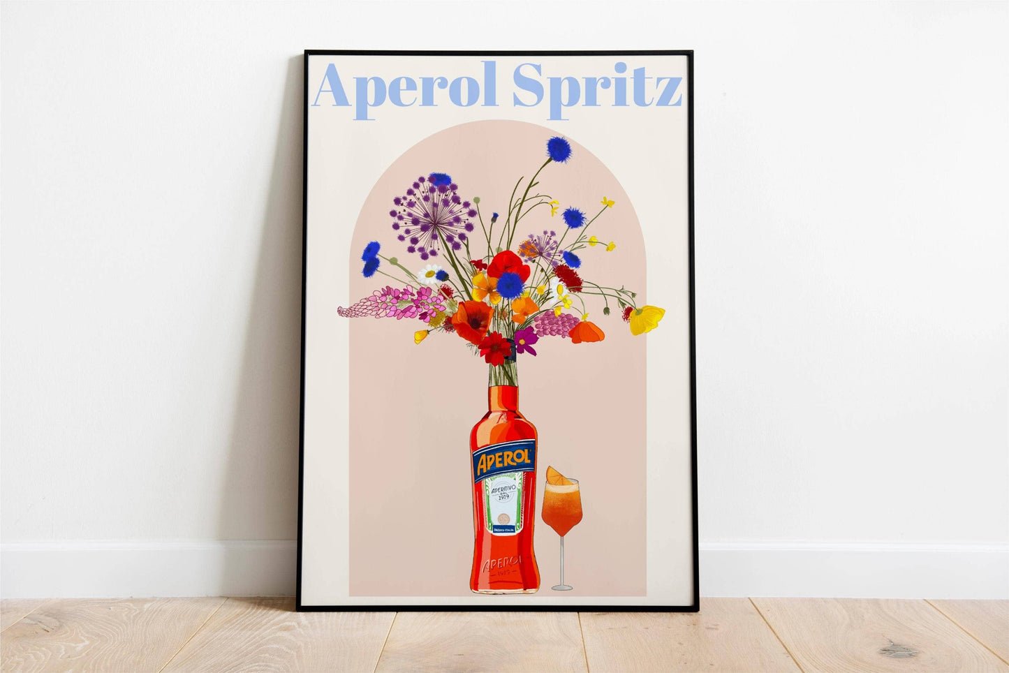 Aperol Spritz and wild flowers Retro cocktail Poster, Unframed: A4