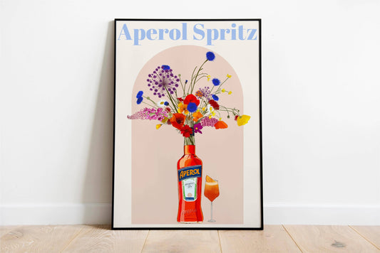 Aperol Spritz and wild flowers Retro cocktail Poster, Unframed: A4