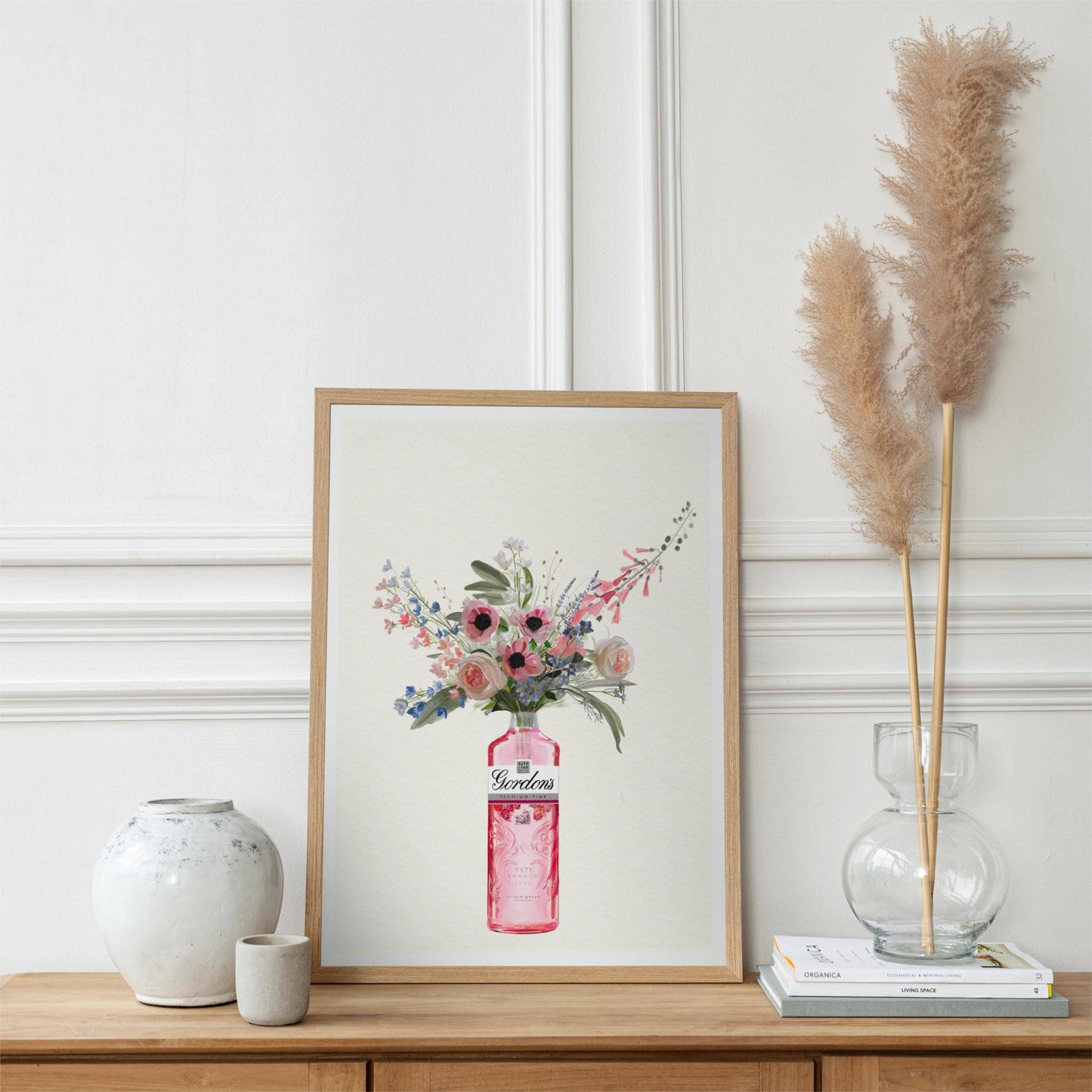 Pink Gin Bottle and Cottage Garden Flowers, Unframed Kitchen Art Print/Poster: A4