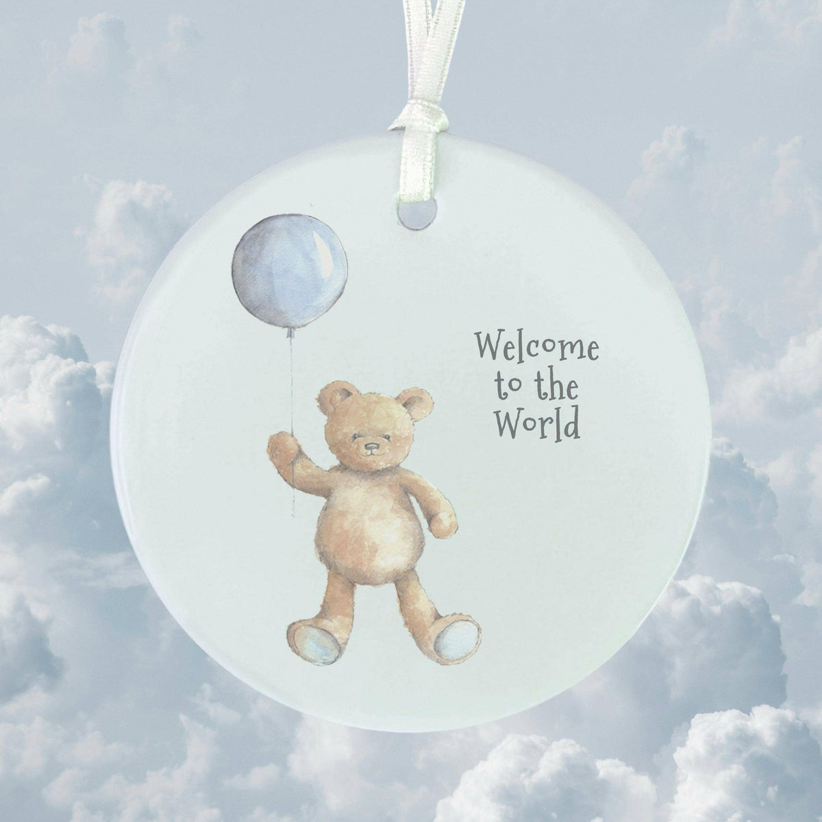 Ceramic Keepsake Decoration - Baby Boy Gift Greeting Card With Teddy Bear Balloon Ornament