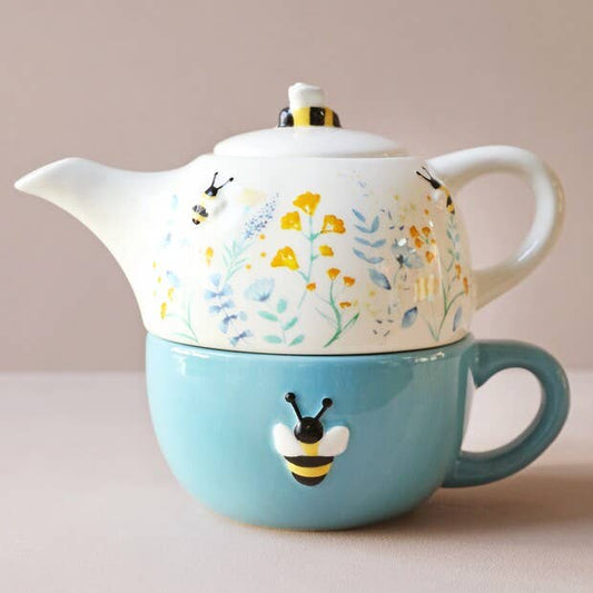 Floral Ceramic Teapot and Mug Set: Cornflower Blue