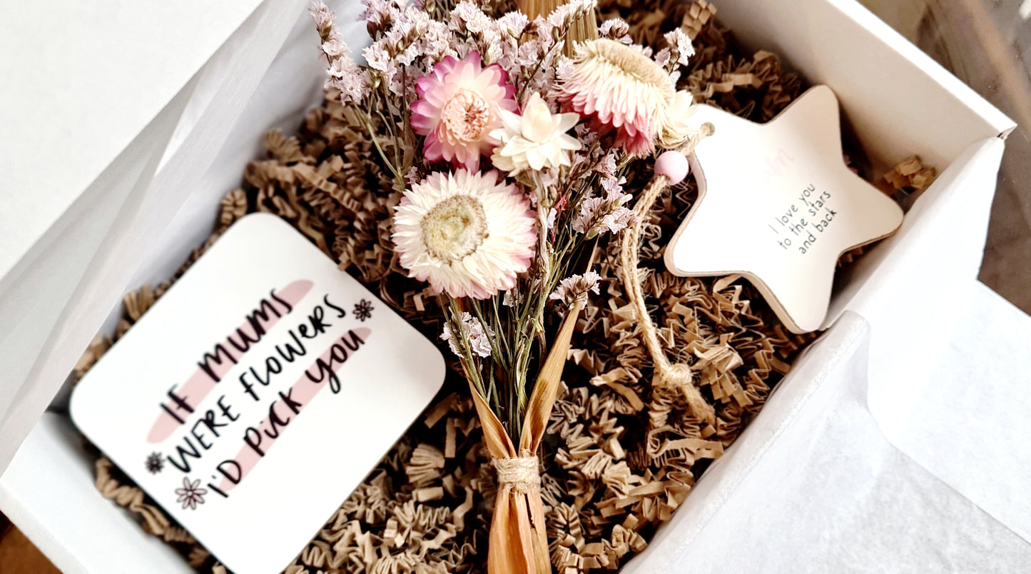 Mum Gift Box, coaster, dried flower posy and heart