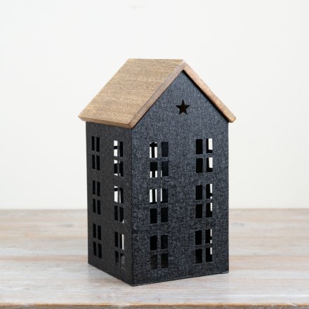 Black Iron House with Wooden Roof 32cm